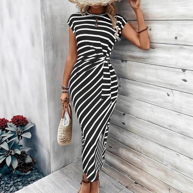 European and American women's clothing Amazon temu waist strap short-sleeved crew neck long dress