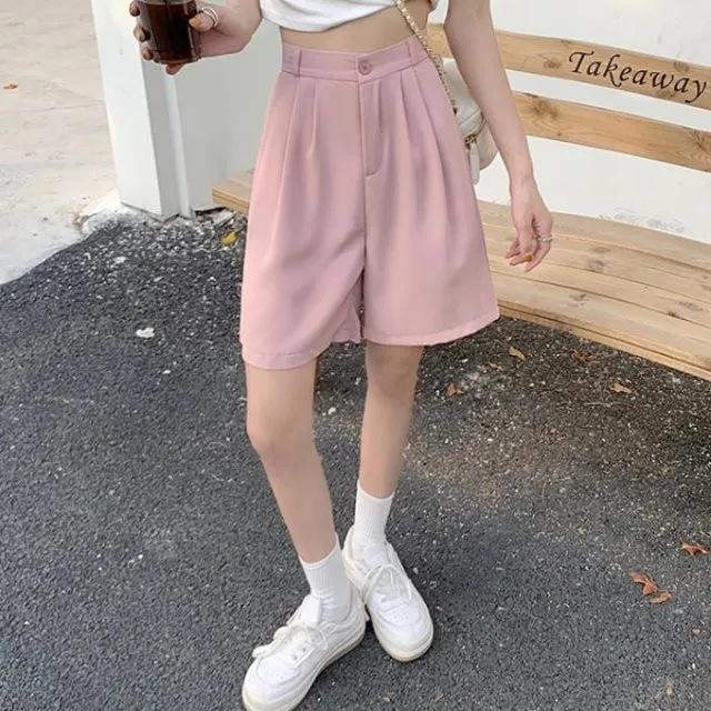 Suit Shorts for Female Students In Summer Thin High Waist Wide-leg Macaron Ice Silk Straight Loose Outer Five-point Mid-pants