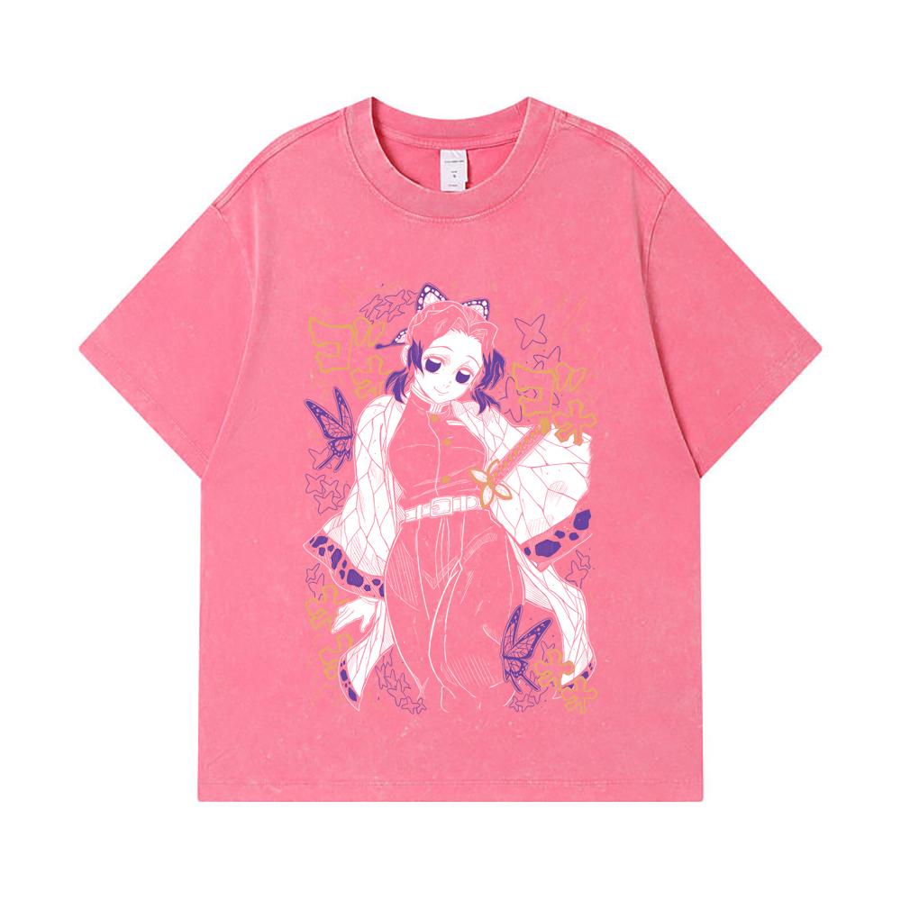 275 GSM Washed T-shirts 100% Cotton Demon Slayer V45 Shinobu Print Unisex Heavy Cotton T Shirt