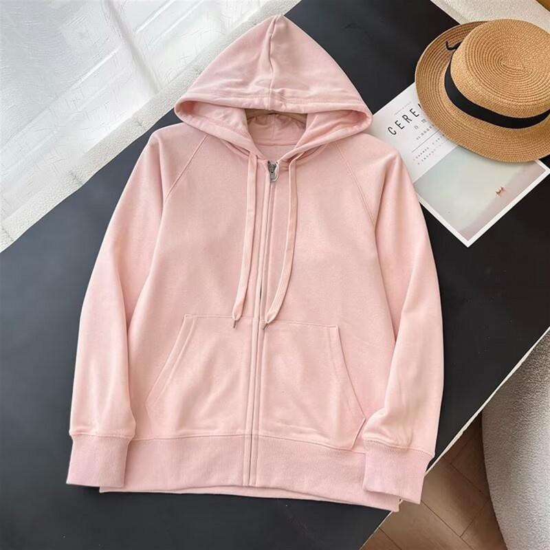 Womens Solid Color Hooded Zip-Up Sweatshirt Cotton-Feel Fabric Casual Long Sleeve Pullover