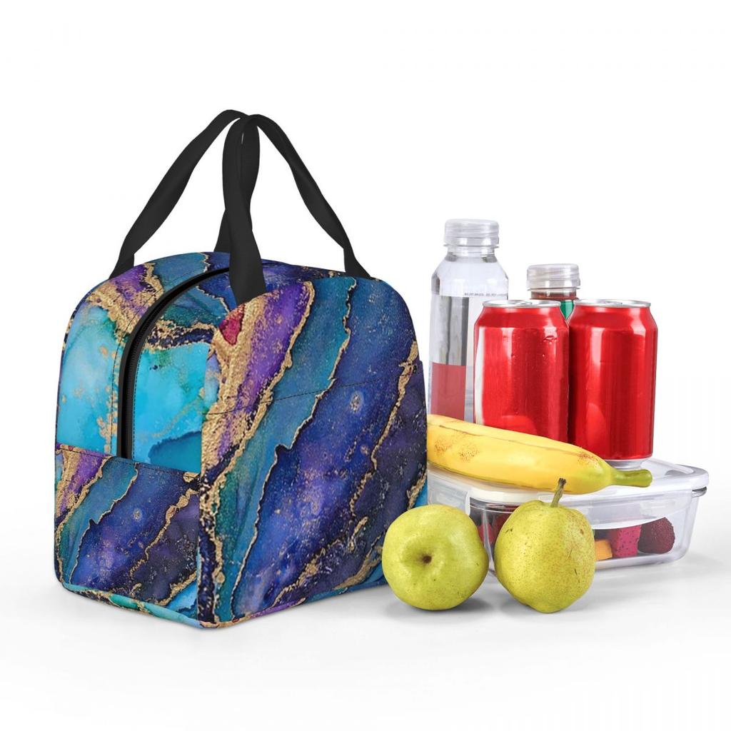 Blue Purple Gilded Luxury Gold Marble Insulated Lunch Bag for Women Cooler Thermal Food Box Tote Portable Lunch Boxes Container