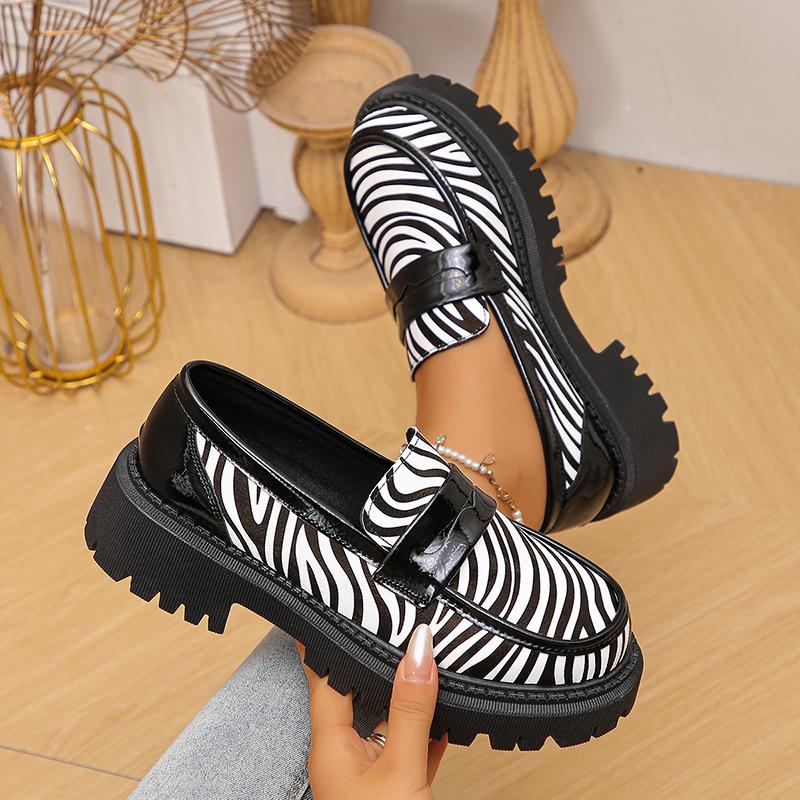 Cow Print Zebra Print Chunky Platform Pumps Women 2025 Autumn Pu Leather Thick Sole Loafers Woman Plus Size Uniform Lolita Shoes