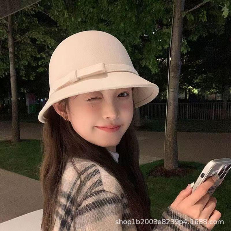 Women S Vintage Wool Bow Fisherman Hat Autumn Winter Elegant White