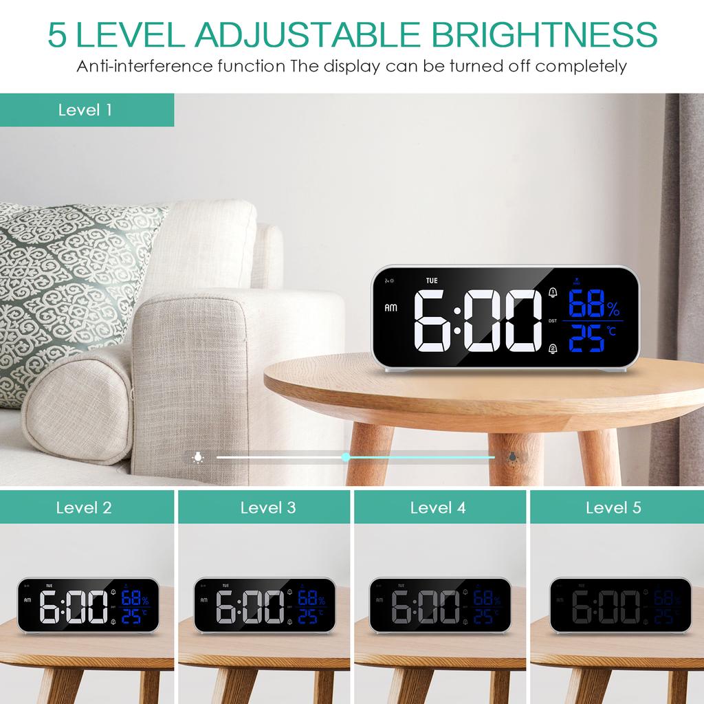 Zegar LED z budzikiem, ładowalny, cyfrowy, muzyczny, głosowy, zegar biurkowy z regulowaną jasnością do sypialni, domu, biura