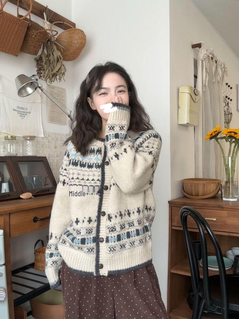 Dámský retro svetr kabát Fair Isle - Podzim/Zima Měkký žakárový úplet Volný kardigan