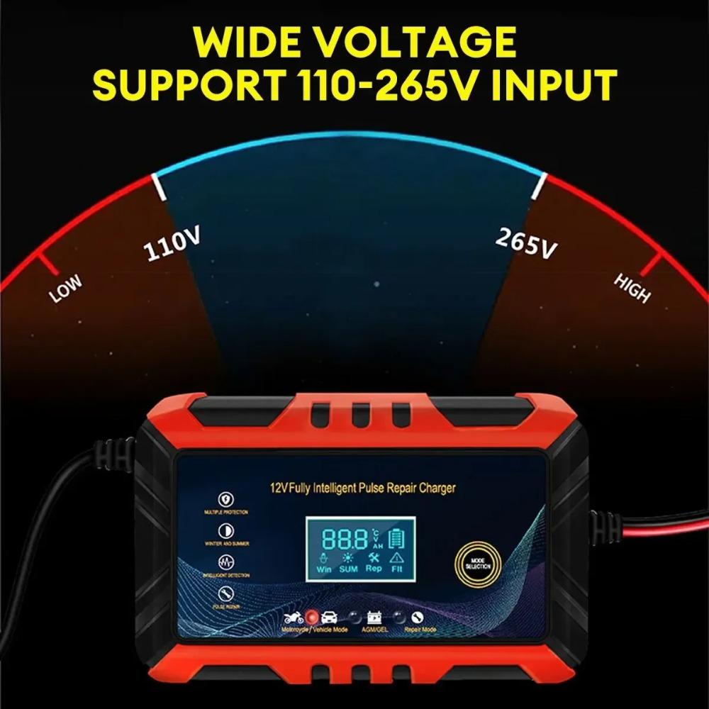 12V Intelligent Car & Motorcycle Battery Charger with LCD Display Pulse Repair Auto Battery Maintenance Charging Tool