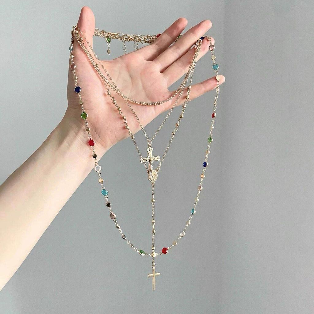 Bohemian Retro Rhinestone Multi-layer Cross Necklace, Women's Fashion Clavicle Chain