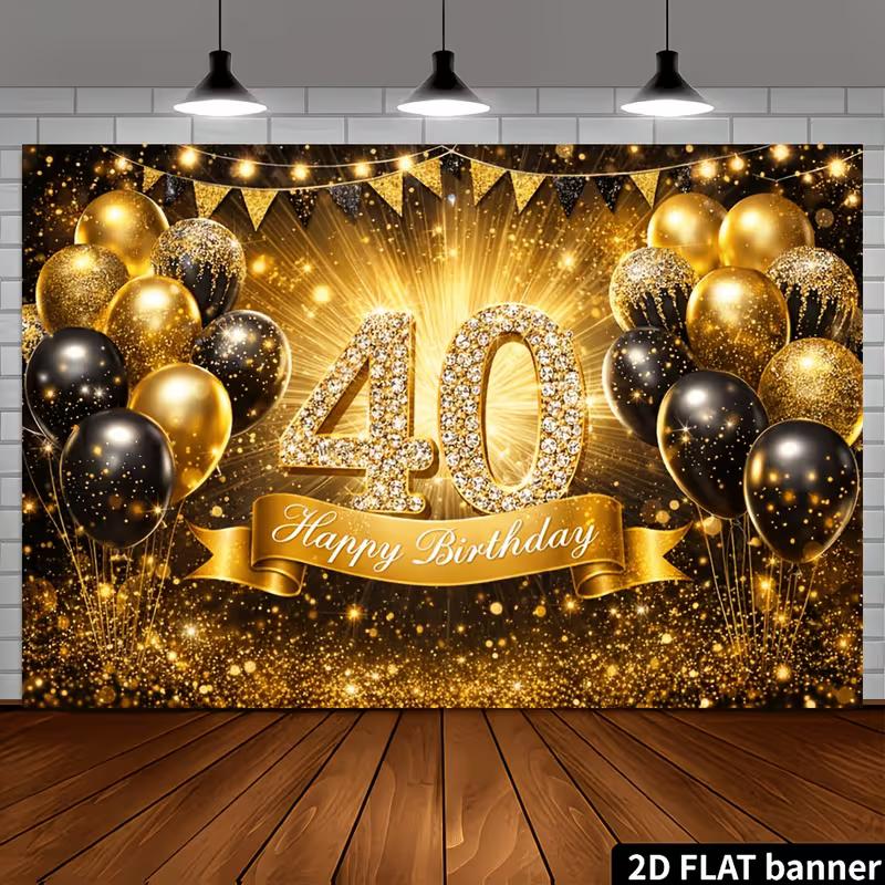 2D 40th Birthday Backdrop Black Gold Balloon and Diamond Number 40 Photography Background