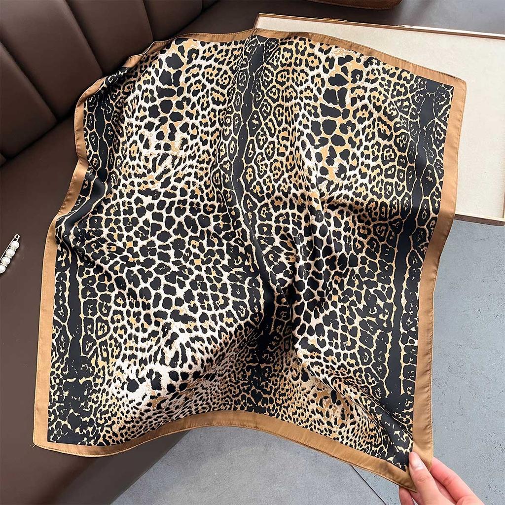 Luxury Leopard Print Square Scarf Soft Satin Bandana Vintage Windproof Head Wrap Shawl Imitation Silk Travel Beach Towel