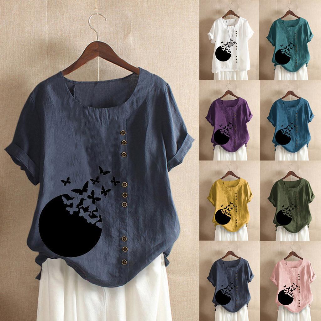 

Женские пуговицы с коротким рукавом и цветочным принтом, винтажный топ из хлопка и льна