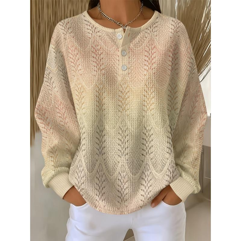Women's Waffle Henley Collar Button Down Long Sleeve Top Beige Tone Wave Botanical Print Casual Pullover