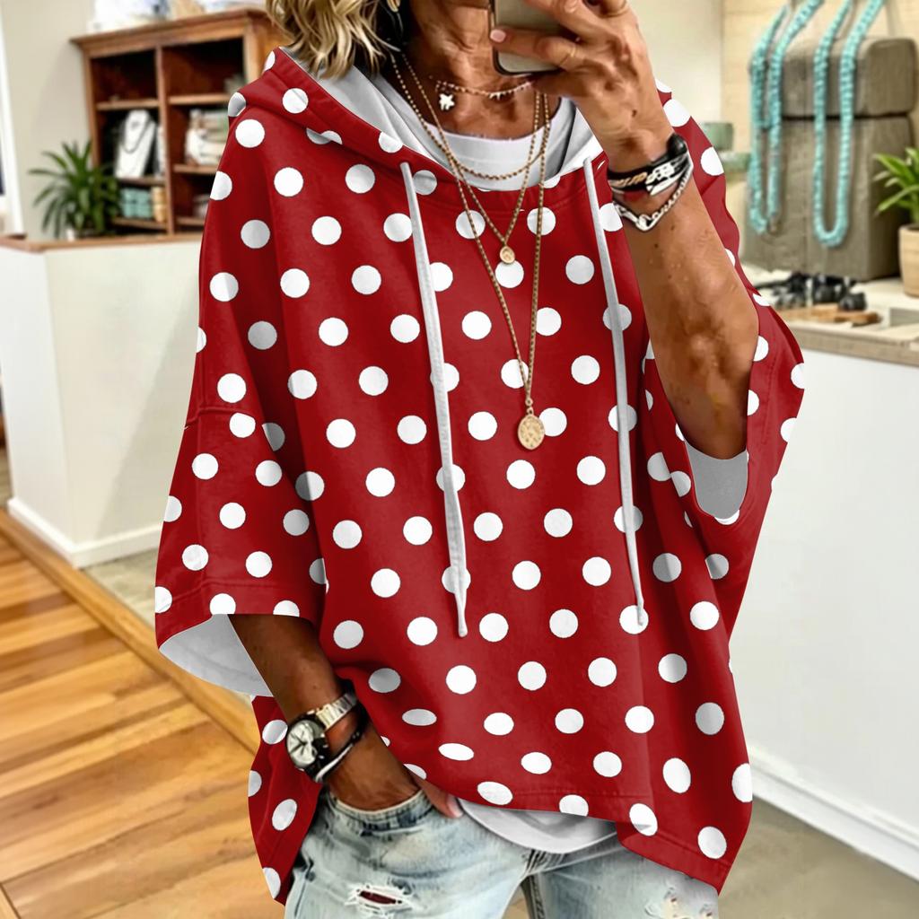 Women's Polka Dot Print Drawstring Hooded Sweatshirt Loose Fit Casual Top