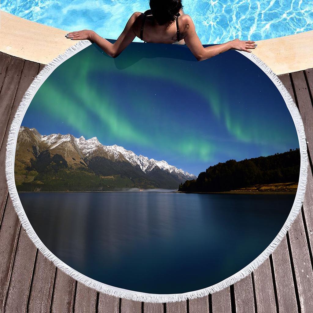 Mysterious Aurora Round Beach Towel,Microfiber Circle Beach Blanket Quick Dry Picnic Rug with Tassels for Bathroom Pool Outdoor