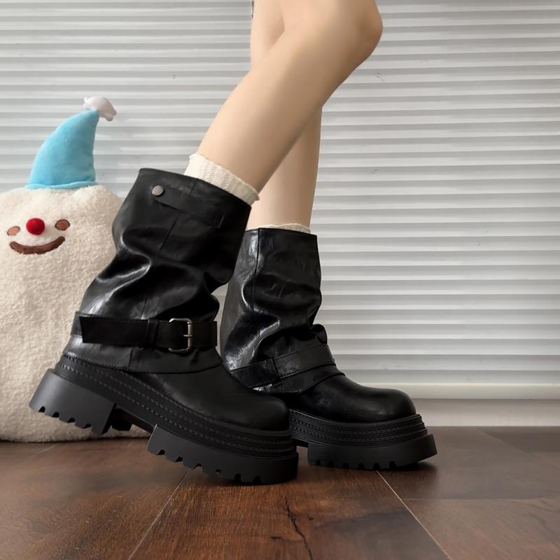 Fashion Platform Thick Bottom Women Ankle Boots Fashion Belt Buckle Shoes 2025 Autumn Winter Female Slip On Short Booties