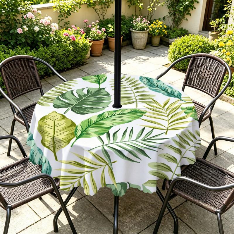 Outdoor Round Tablecloth With Umbrella Hole Waterproof Oil Resistant Floral Leaf Patio Garden Deck