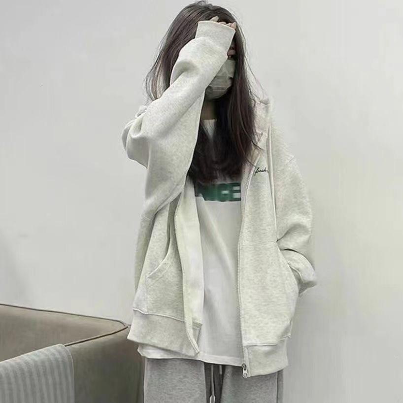 Women's Soft Pink Hooded Zip-Up Cardigan: Japanese Sweet Style, Long Sleeve, Loose Fit, Slimming Top for Spring/Summer