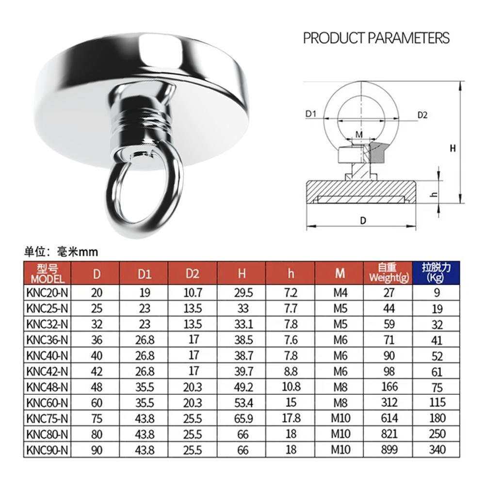 D16-D90mm Super Strong Neodymium Fishing Hook N52 Heavy Duty Magnet Neodymium Magnet with Countersunk Hole Eyebolt