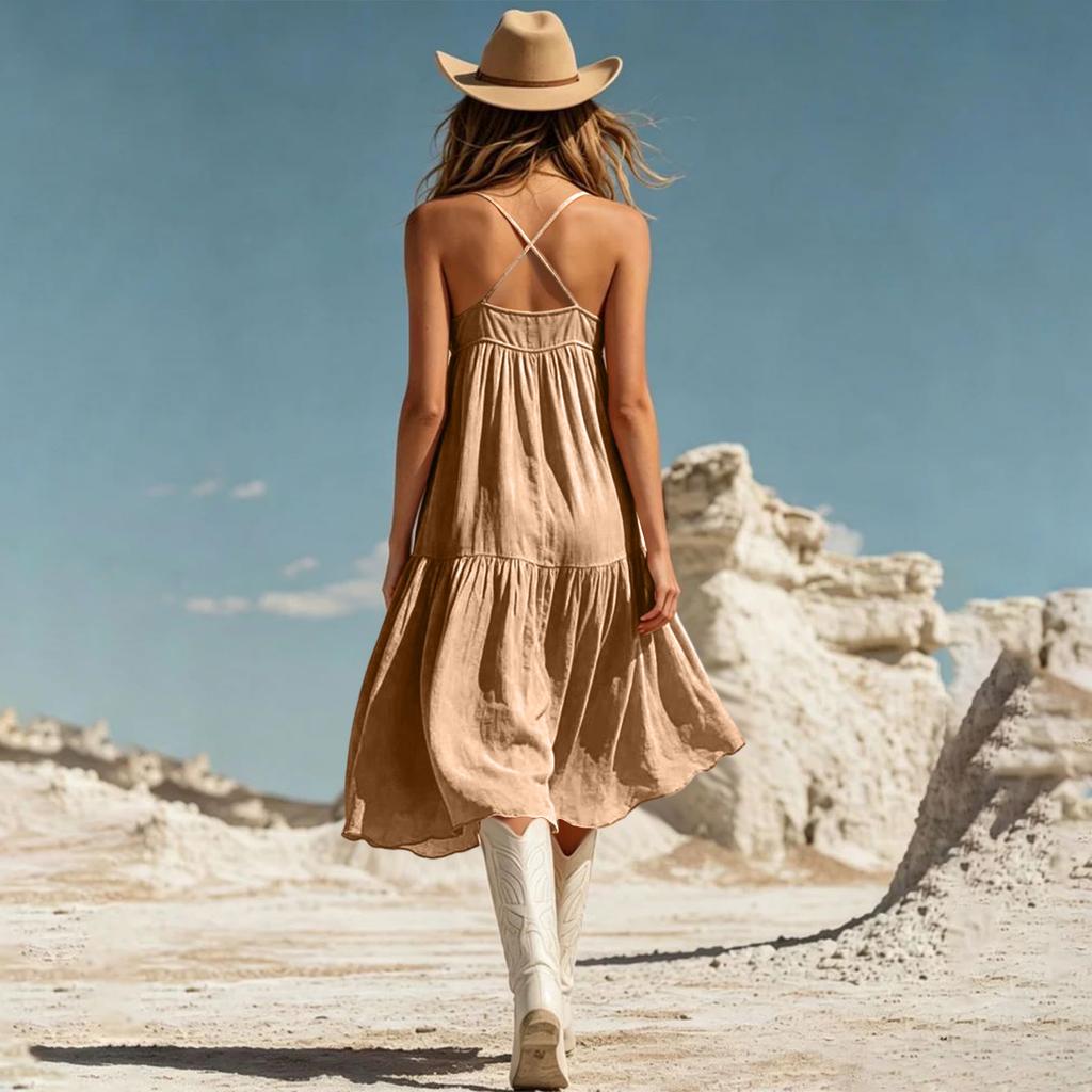 Women’s Fashion Vacation Ruffle Hem Asymmetrical Hem Spaghetti Strap Dress Flowy Sleeveless Sundress for Casual Beach Wear