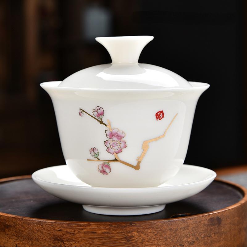 High Quality White Porcelain Gaiwan Gold Painted Cover Bowl Ceramic Tea Cup With Lid and Saucer Ceramic Kung Fu Tea Set Gai Wan