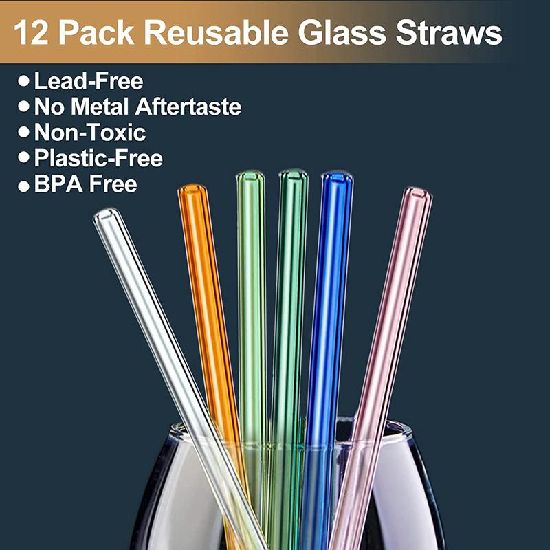 12Pcs Reusable Glass Straws Set with Cleaning Brush Colorful Glass Eco-Friendly Drinking Straws for Milkshake Smoothie Coffee