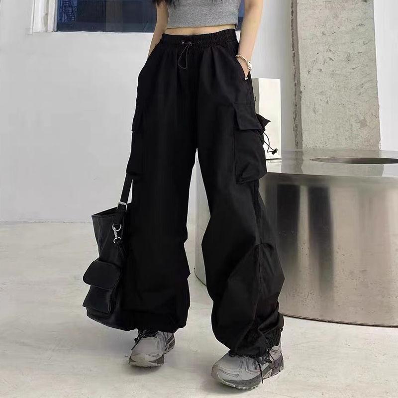 Leriya Fashion Pantaloni Cargo Donna Vita Alta - Modello Coreano Baggy In Poliestere E Lycra, Colore Mezzanotte, Taglia 40