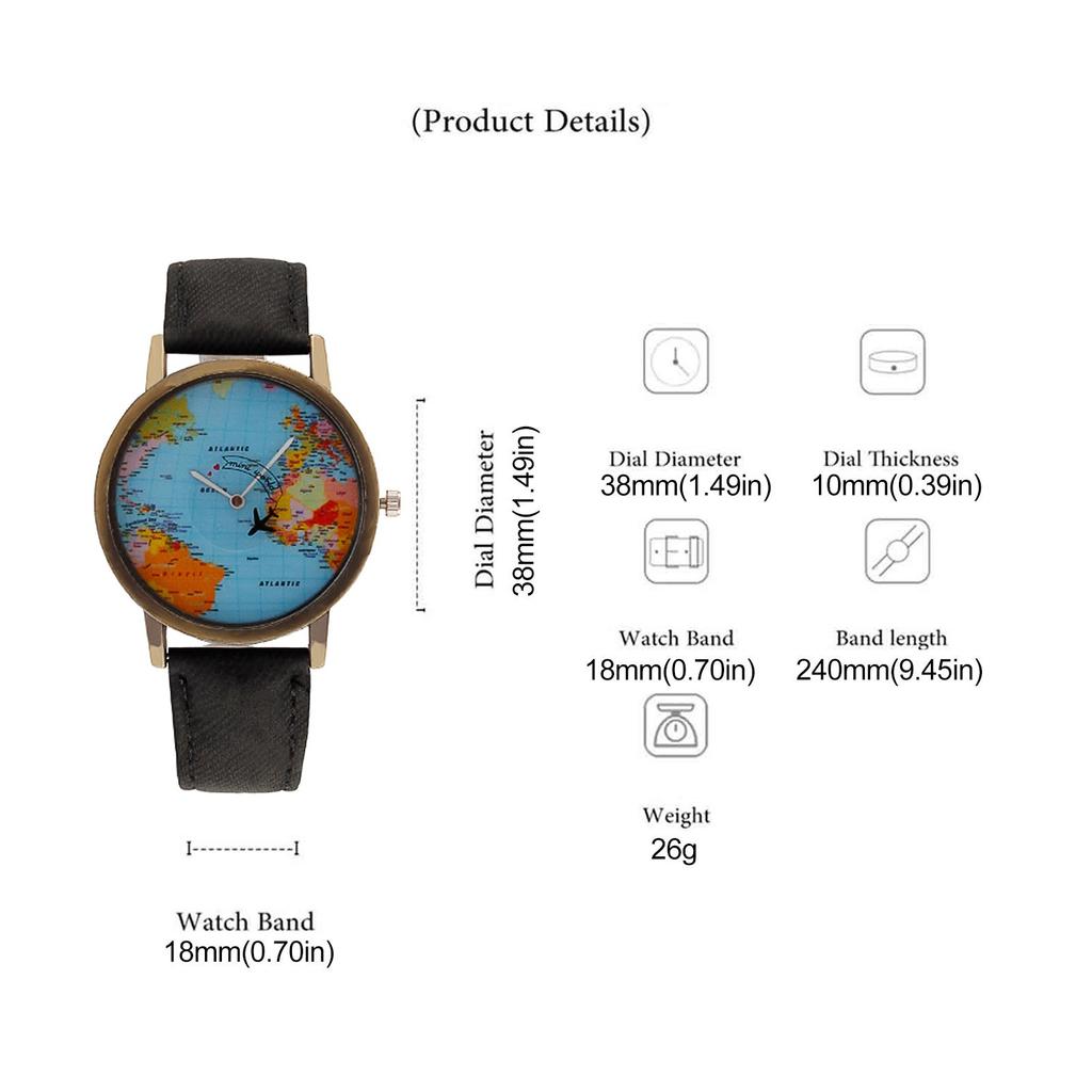 Mode Retro Gürtel Quarzuhr Flugzeug Sekunde Hand Karte Uhr Unisex