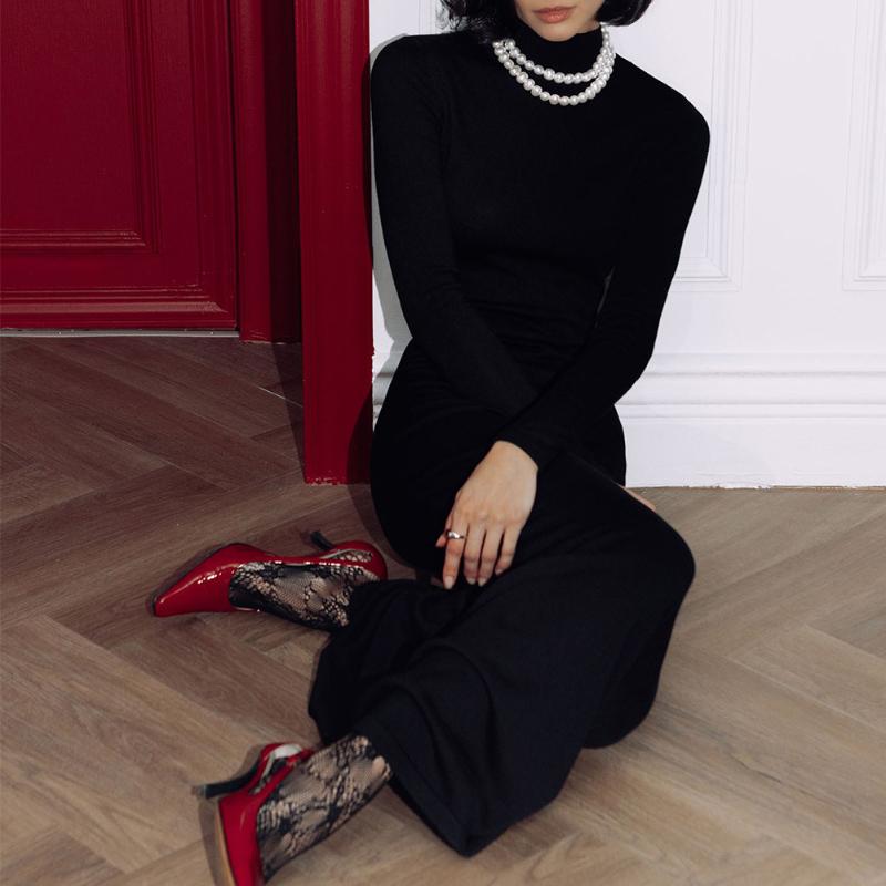 Women Knitted Maxi Dress Elegant Turtleneck Long Sleeve Sweater Dress Fall Winter Sexy Christmas Party Dress