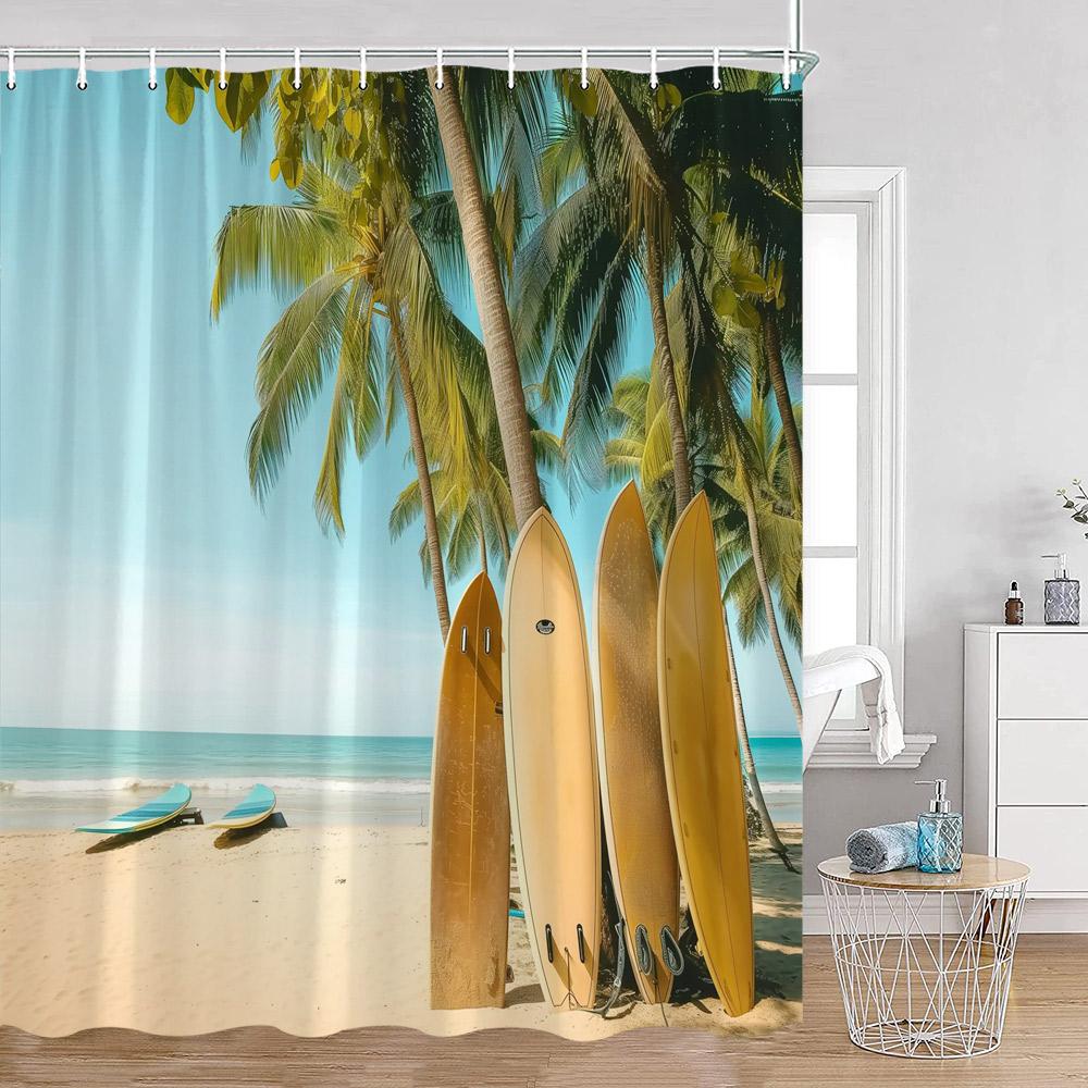 Camping Surf Duschvorhänge Sommerurlaub Reisender Wohnmobil Strand Kokospalmen Meerufer Badezimmerdekorationen Retro Badevorhänge