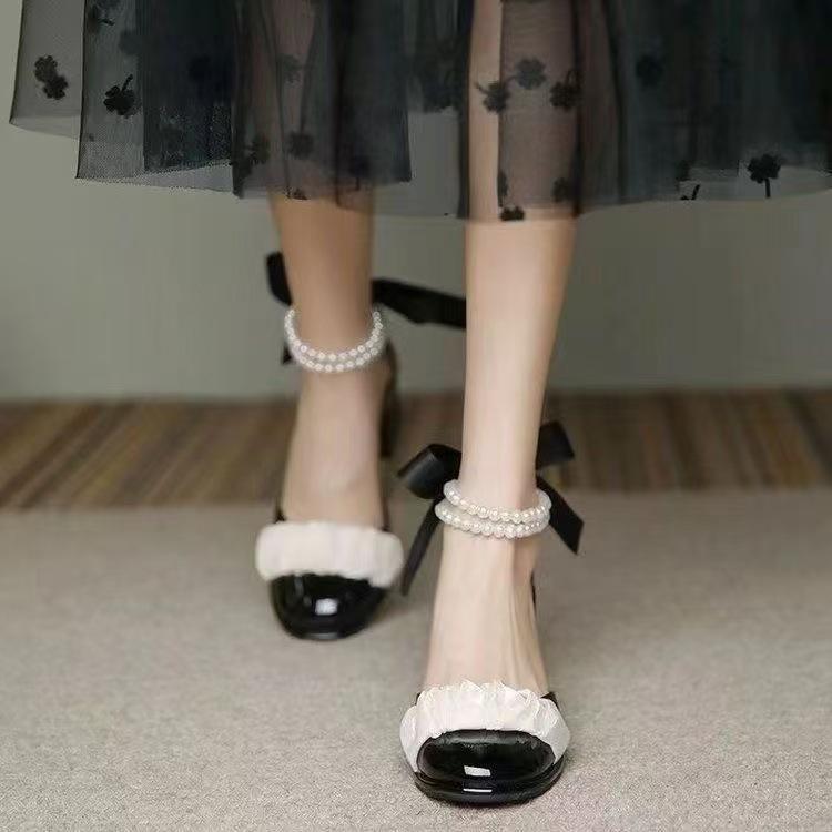 

Літо 2025 новий темперамент плісироване слово перлина бант фея стиль ніжний ретро товстий каблук Мері Джейн одинарні туфлі 40 чорний