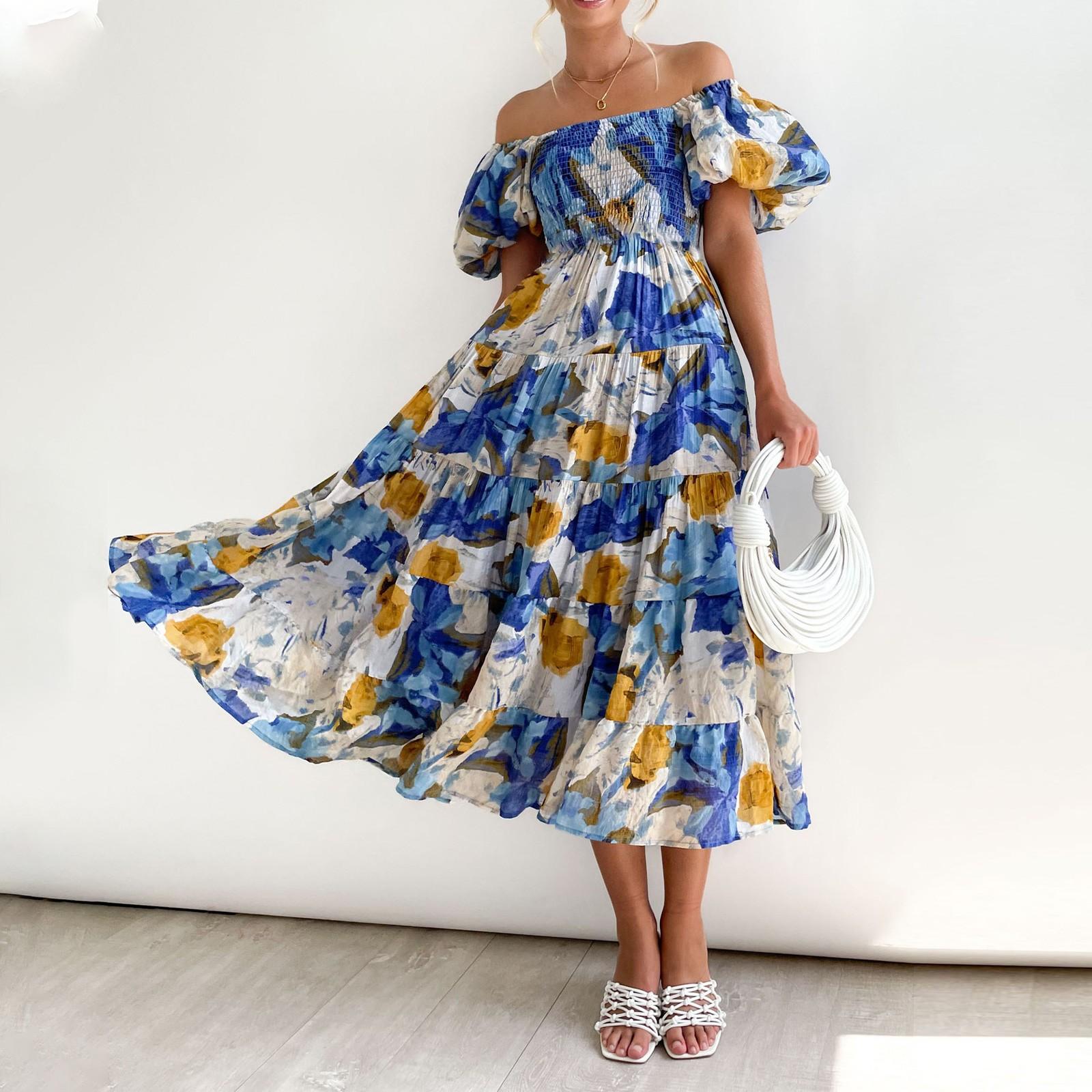 

Женское летнее модное платье с высокой талией и открытыми плечами XL синий