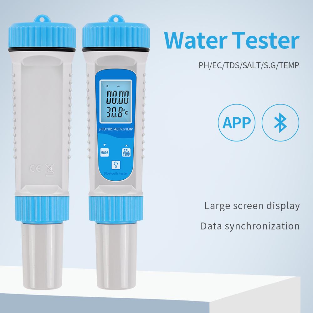 Bluetooth App PH Meter 6 In 1 Water Quality Monitor Tester PH/EC/TDS/Salinity/S.G/Temp for Drinking Water Aquariums Hydroponics