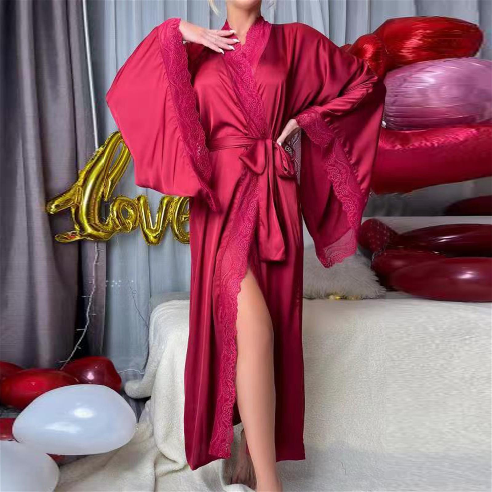 

Женский модный легкий роскошный халат с длинным рукавом и кружевной отделкой, однотонный, прохладный, повседневный L винный