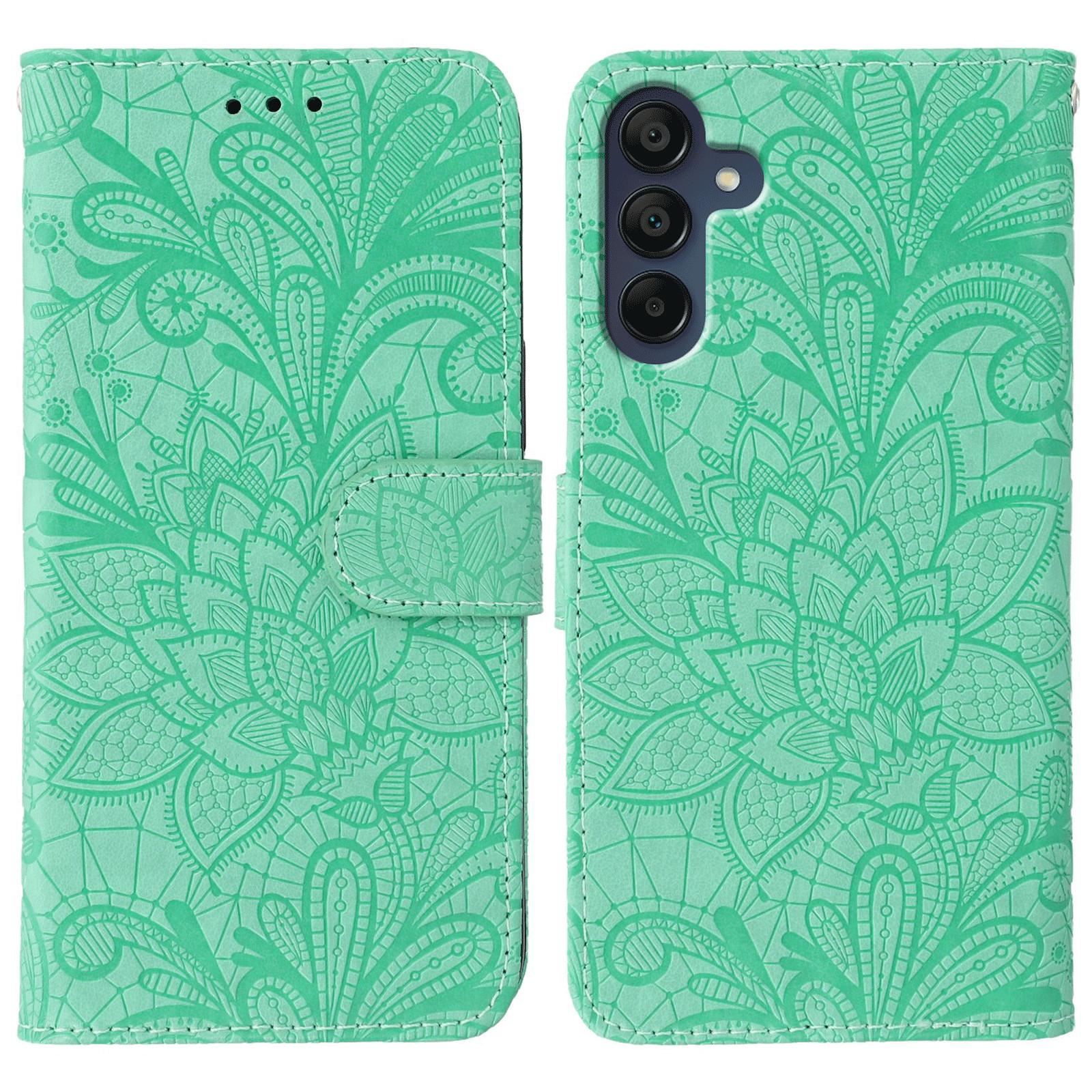 

For Samsung Galaxy A36 5G Case Lace Flowers PU Leather Flip Wallet Phone Cover Green