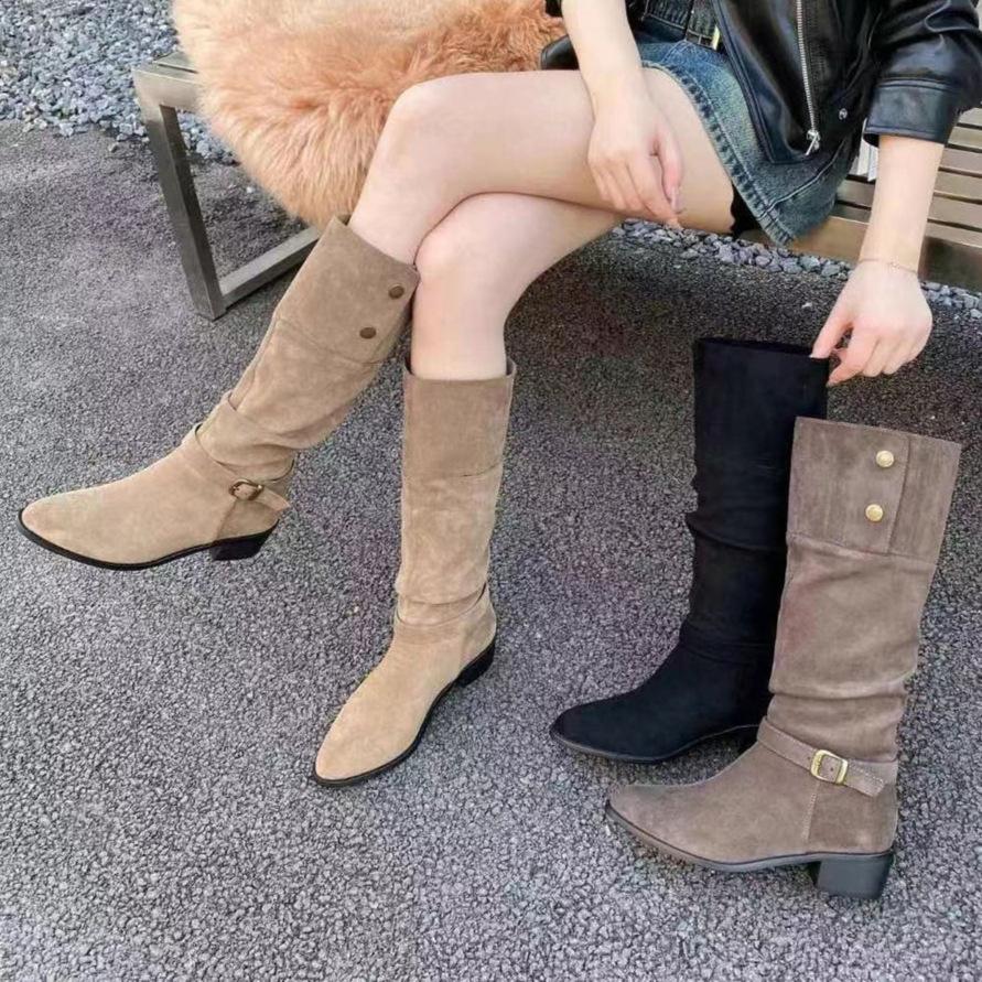 Belt Buckle Medium Heel Thick Heel Tall Tube Thin 2025 New Autumn Thin Boots Suede Brown Single Boots Long Boots Versatile