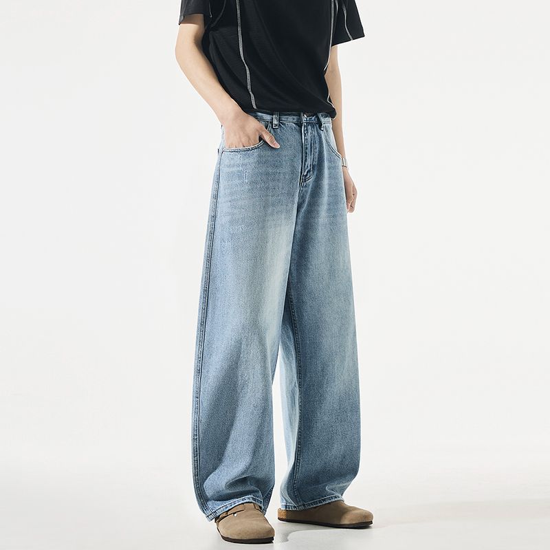 American retro trendy brand washed scimitar jeans men's trend fashion loose wide legs drape blue long pants