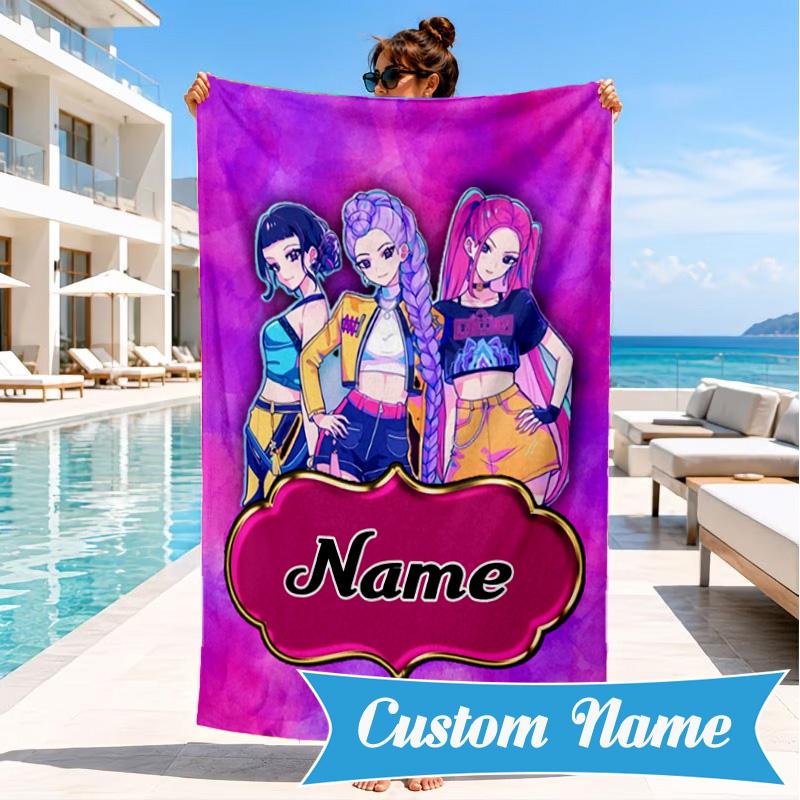 Custom Name KPop Cartoon Beach Towel Microfiber Beach Towel, Lightweight and Quick-Dry, for Summer Travel, Swimming Pool Gift