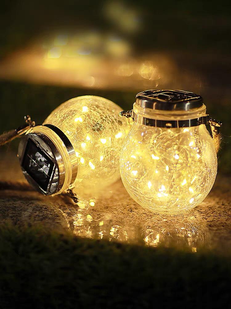 Solar Crackle Mason Jar Light for Garden, Balcony, or Tree Hanging Decor