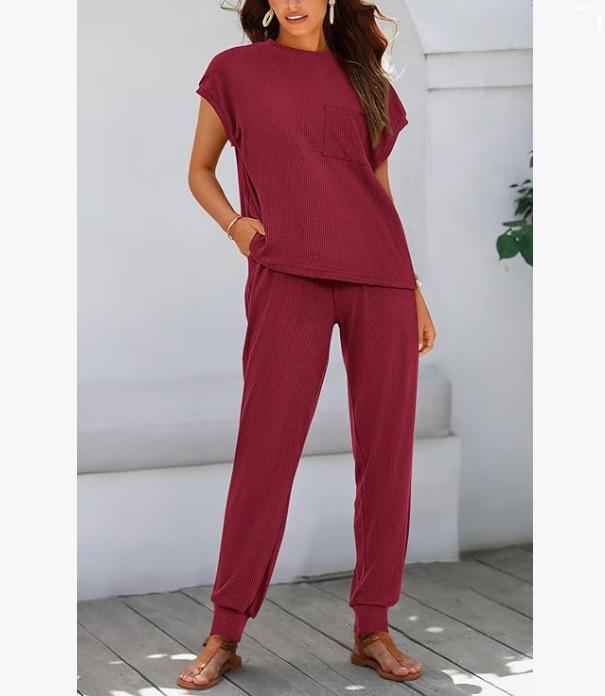 2026 Sommer Damen Zweiteiliges Gestreiftes Jogging-Set: Kurzarm-Oberteil & Lange Hose