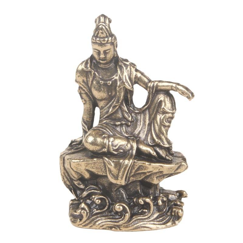 Vintage Brass Water Moon Desktop Ornament Free Guanyin Bodhisattva Buddha Statue Craft Antique Copperware Wholesale