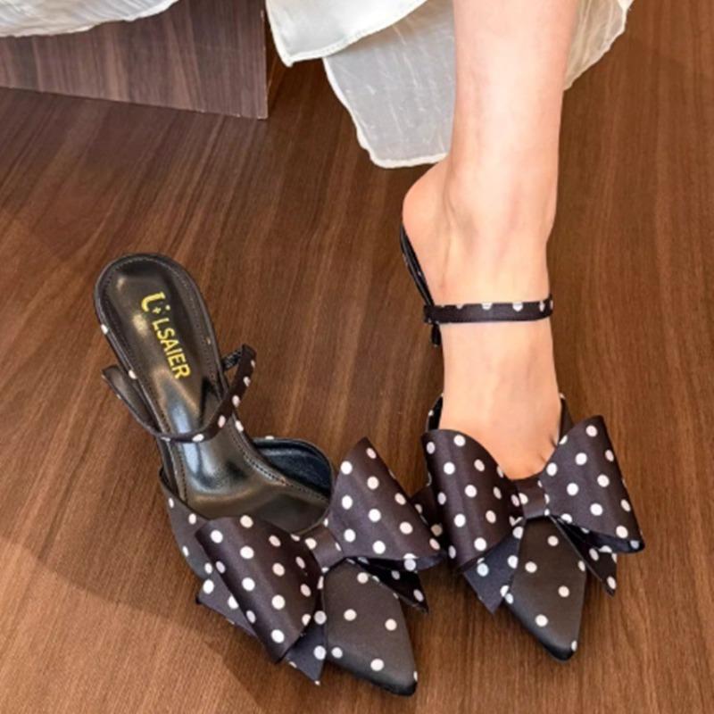 French Polka Dot Not Tired Feet High Heels Women 2026 New Bow One Strap Back Empty Wrapped Head Sandals