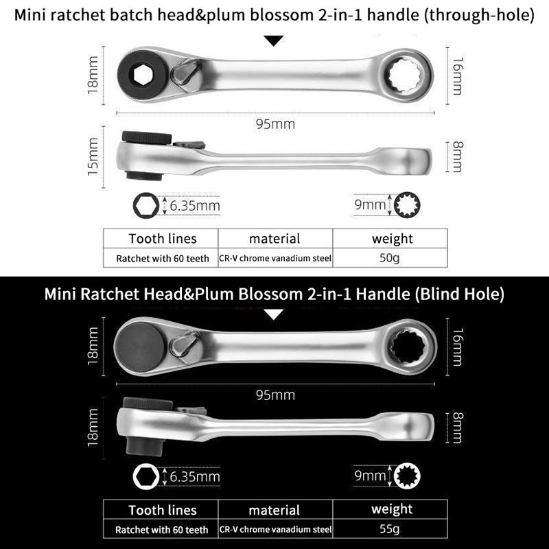 Mini Treble 1/4 Ratchet Wrench Double Ended Ouick Socket Screwdriver Hex Torque Wrenches Set 2-In-1 Spanner Hand Repair Tools