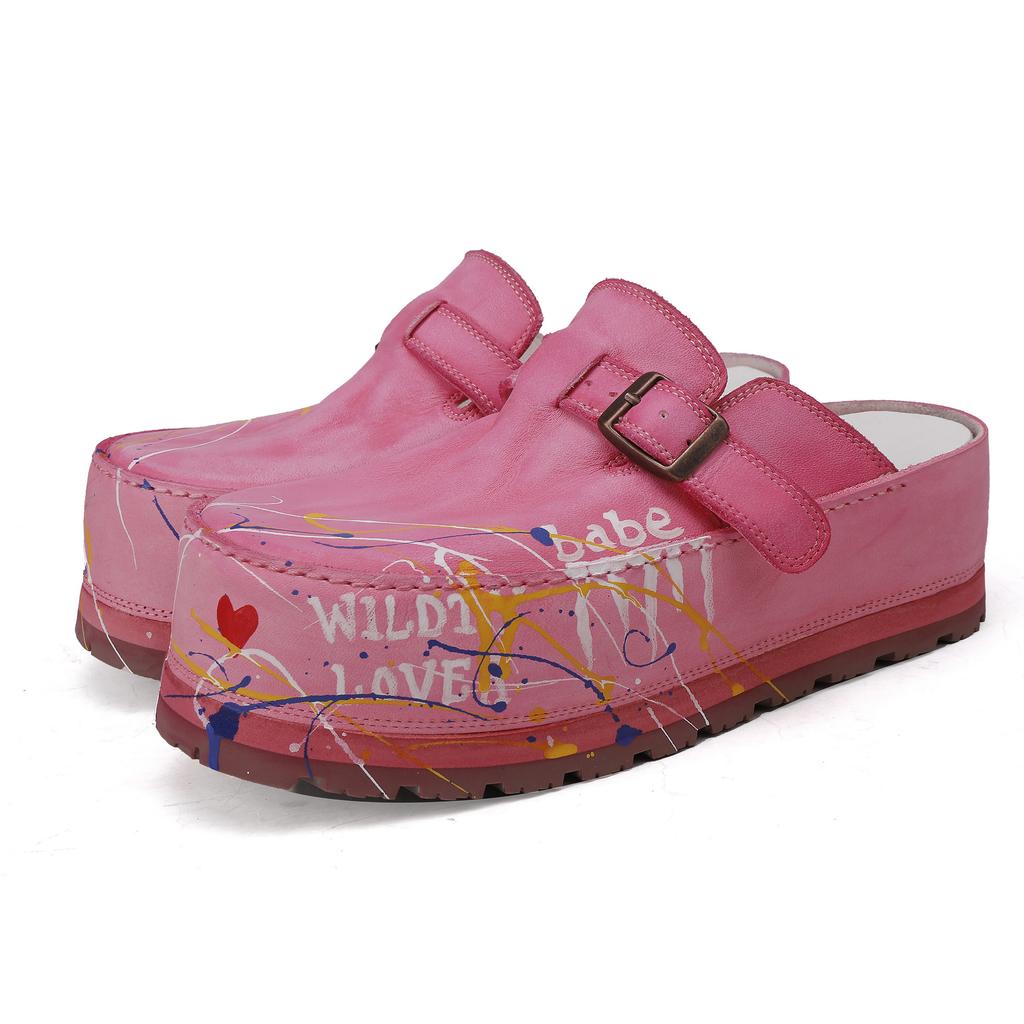 Johnature Hand Drawn Genuine Leather Thick Soled Shoes Fashion Round Toe Height Increasing Slippers