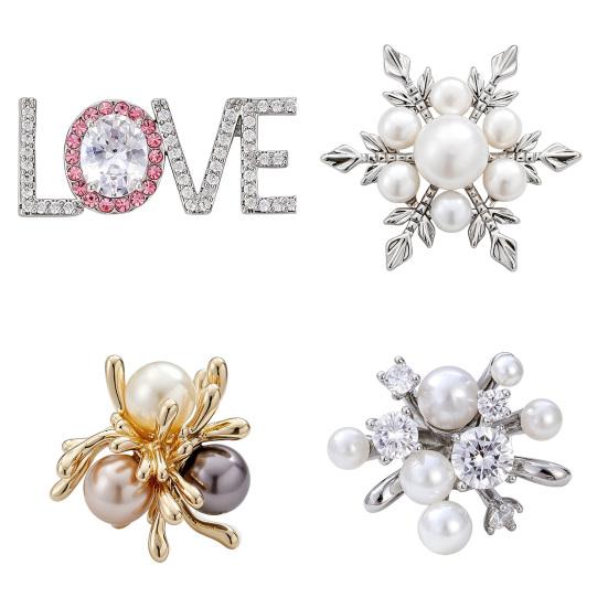 Women Brooch, Snowflakes LOVE Bouquets Compact Versatile Pin, Lapel Collar Badge with Imitation Pearl Cubic Zirconia Inlay