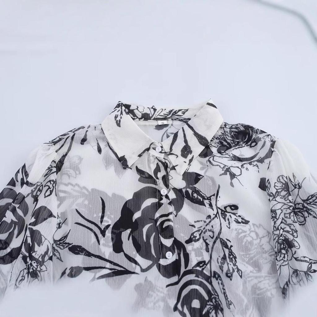 2025 Spring Women's European & American Style Ruffle Trim Printed Chiffon Long Sleeve Shirt