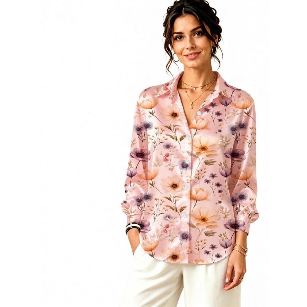 Light Purple Floral Print Satin Long Sleeve Shirt, Women Lapel Blouse for Office & Daily