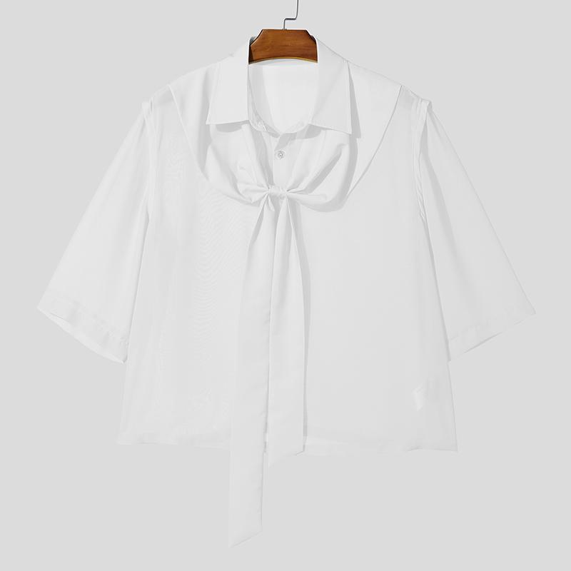 INCERUN Summer Men Lapel Short Sleeve Lace Mesh Sheer Casual Loose Shirts