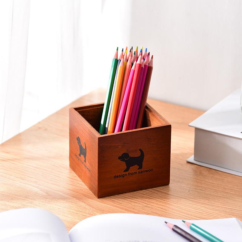 Creative Cartoon Wooden Pen Holder, Simple Wooden Succulent Flower Pot for Groceries, Desktop Finishing and Storage Box.