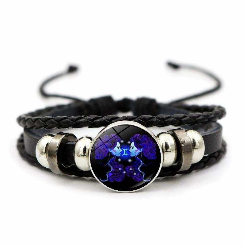 12 Sternbilder Sternzeichen Schwarzes geflochtenes Lederarmband Krebs Löwe Jungfrau Waage Gewebtes Glaskuppelschmuck Punk Herrenarmband