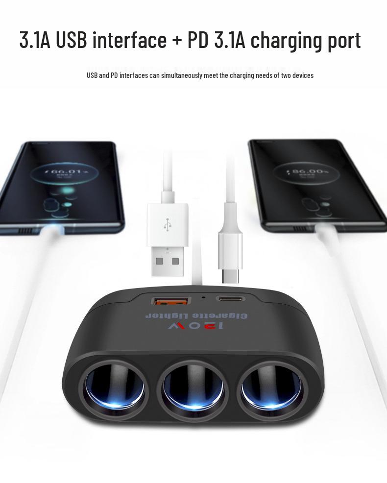Car Multi-Port Cigarette Lighter Charger with PD & USB for Phones