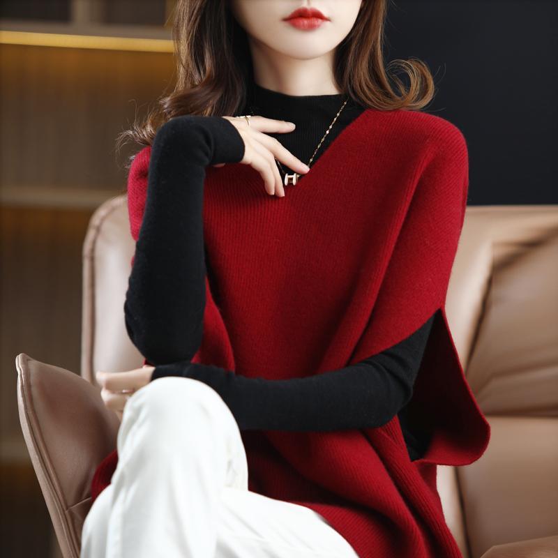 Lazy Style Korean Women Vintage All-match Sweater Vest Spring Autumn Fashion Batwing Sleeve V-Neck Loose Casual Knit Pullovers